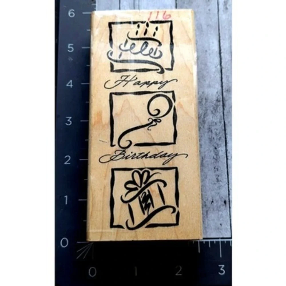 DeNami Design Happy Birthday Border Gift Cake 2003 Rubber Stamp Wood #C30
